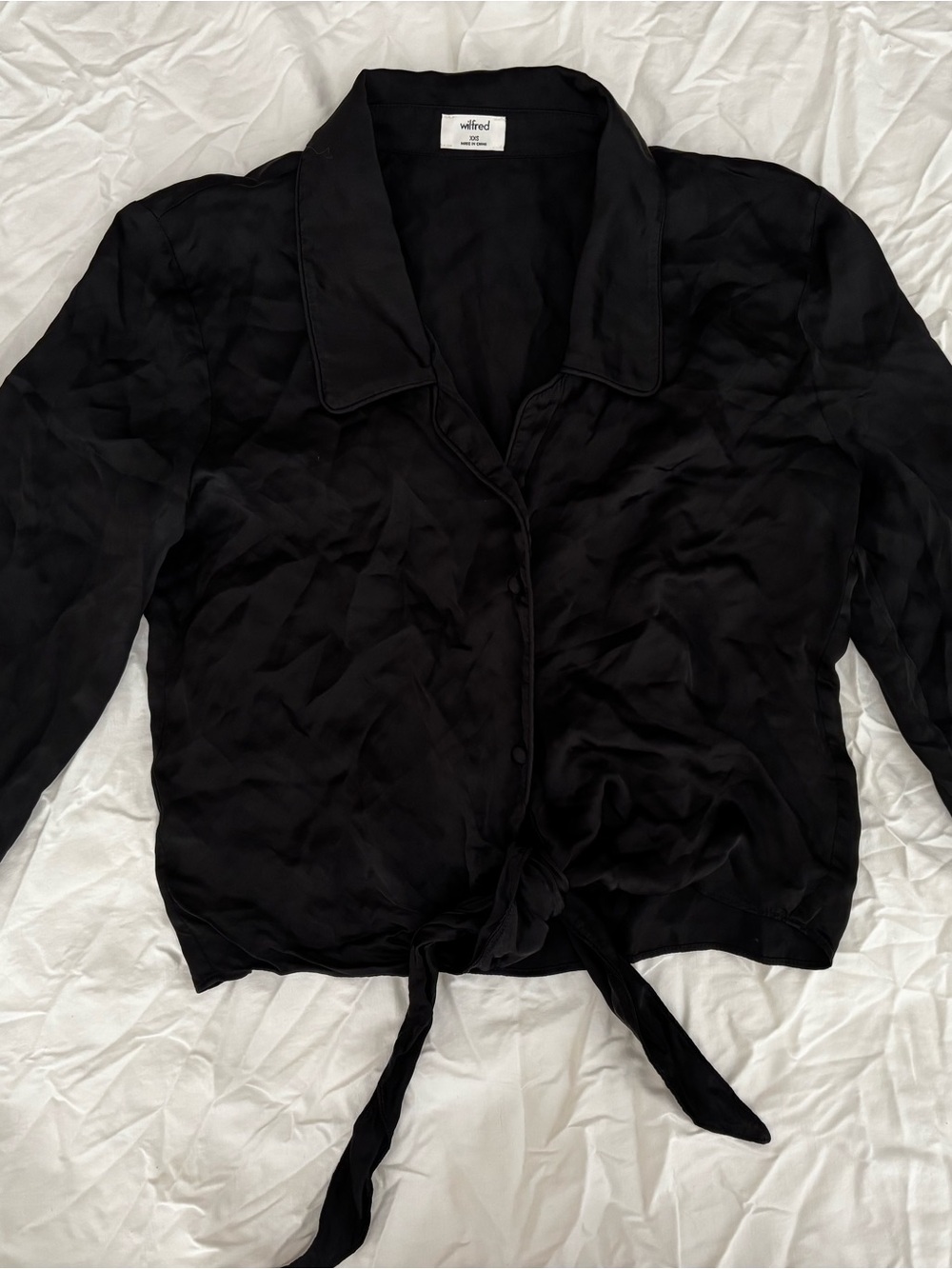 Wilfred Black Tie-Front Silk/Satin Button Blouse
